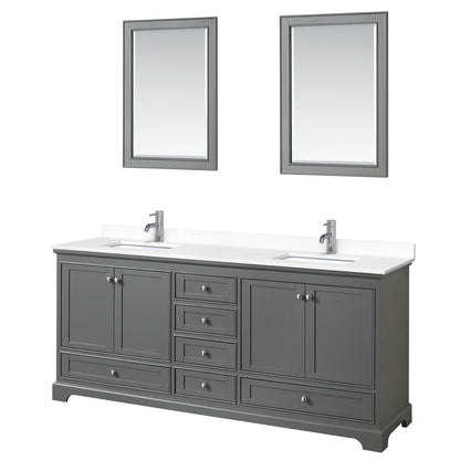 Wyndham Collection Deborah 80" Double Bathroom Vanity in Dark Gray, White Cultured Marble Countertop, Undermount Square Sinks, 24" Mirror