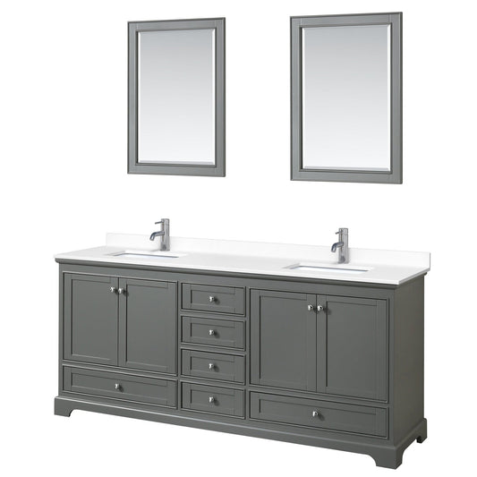 Wyndham Collection Deborah 80" Double Bathroom Vanity in Dark Gray, White Cultured Marble Countertop, Undermount Square Sinks, 24" Mirror