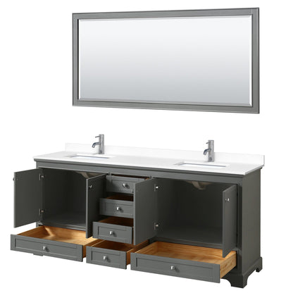 Wyndham Collection Deborah 80" Double Bathroom Vanity in Dark Gray, White Cultured Marble Countertop, Undermount Square Sinks, 70" Mirror