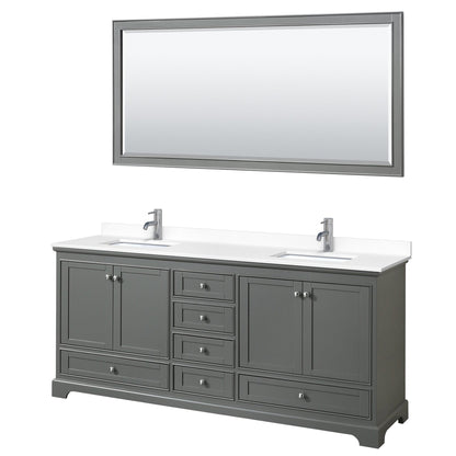 Wyndham Collection Deborah 80" Double Bathroom Vanity in Dark Gray, White Cultured Marble Countertop, Undermount Square Sinks, 70" Mirror