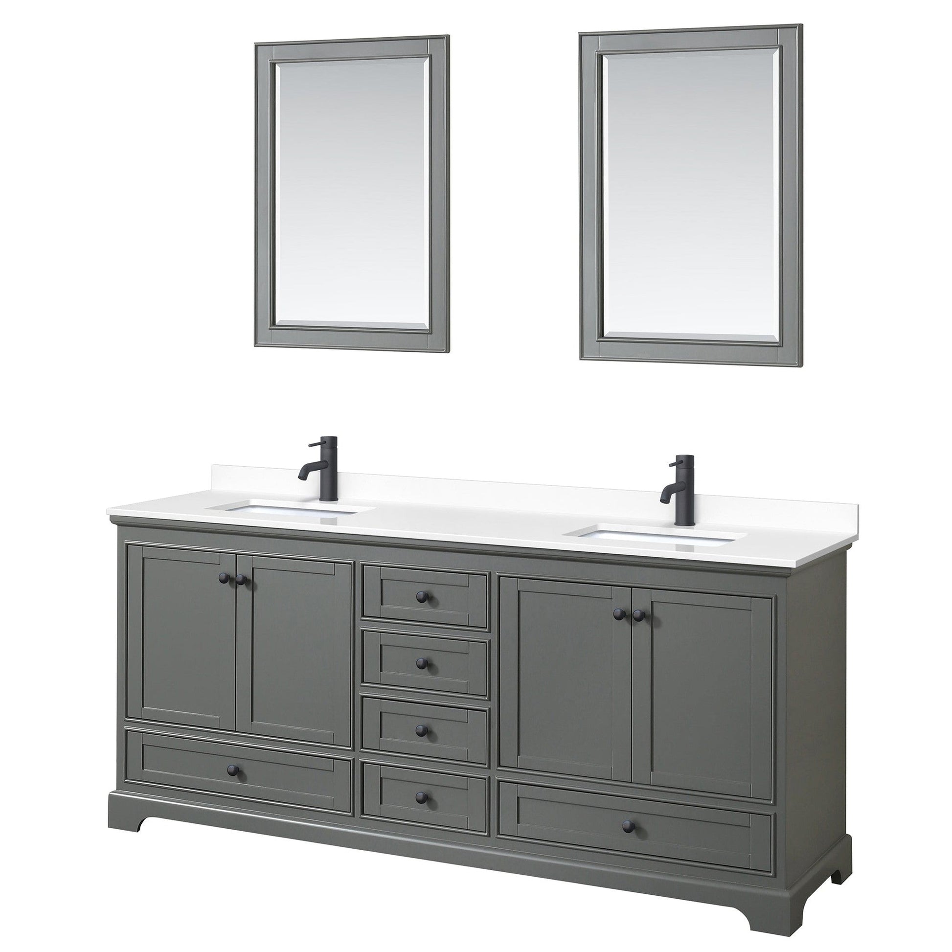 Wyndham Collection Deborah 80" Double Bathroom Vanity in Dark Gray, White Cultured Marble Countertop, Undermount Square Sinks, Matte Black Trim, 24" Mirrors