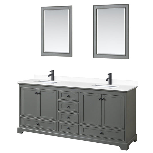 Wyndham Collection Deborah 80" Double Bathroom Vanity in Dark Gray, White Cultured Marble Countertop, Undermount Square Sinks, Matte Black Trim, 24" Mirrors