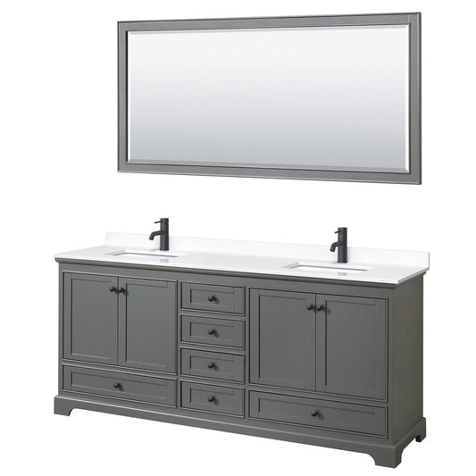 Wyndham Collection Deborah 80" Double Bathroom Vanity in Dark Gray, White Cultured Marble Countertop, Undermount Square Sinks, Matte Black Trim, 70" Mirror
