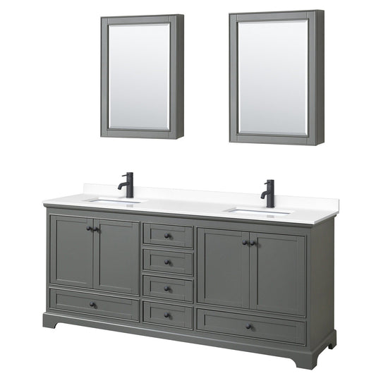Wyndham Collection Deborah 80" Double Bathroom Vanity in Dark Gray, White Cultured Marble Countertop, Undermount Square Sinks, Matte Black Trim, Medicine Cabinets