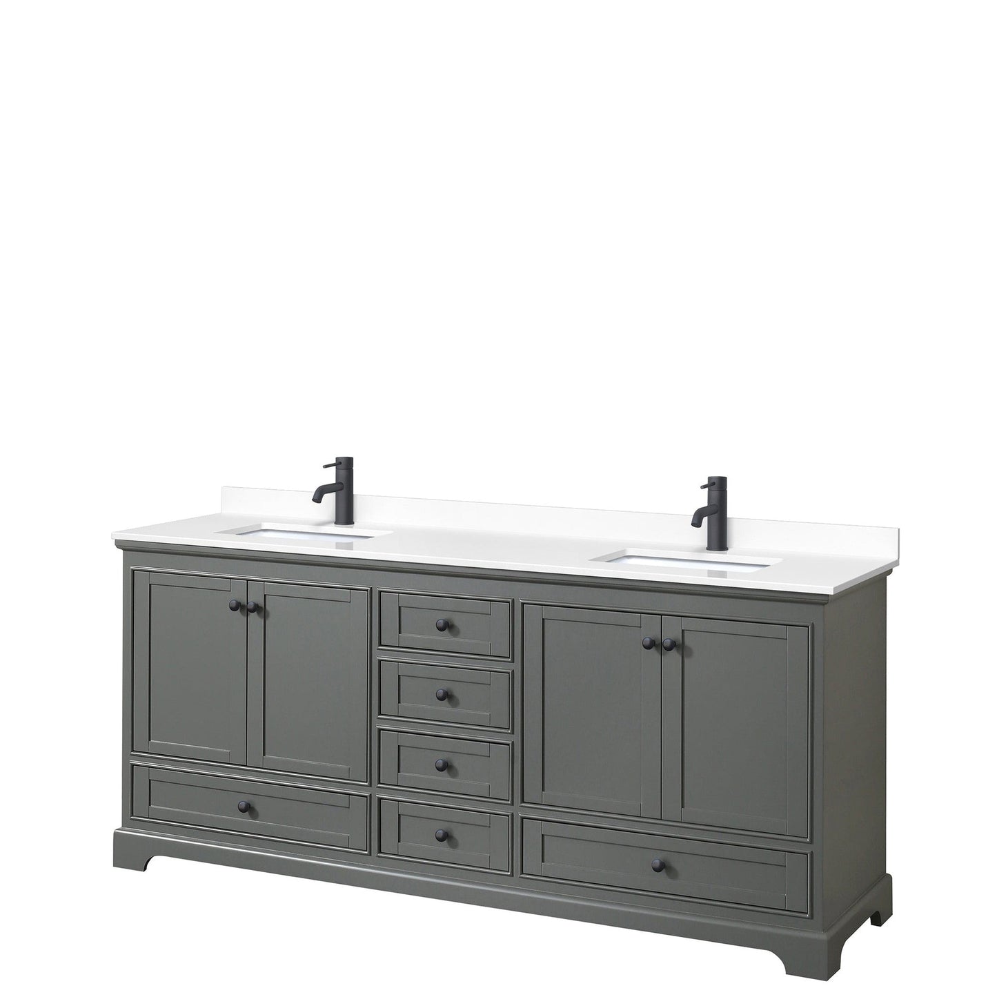 Wyndham Collection Deborah 80" Double Bathroom Vanity in Dark Gray, White Cultured Marble Countertop, Undermount Square Sinks, Matte Black Trim