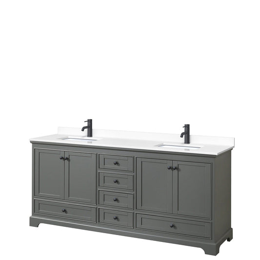 Wyndham Collection Deborah 80" Double Bathroom Vanity in Dark Gray, White Cultured Marble Countertop, Undermount Square Sinks, Matte Black Trim