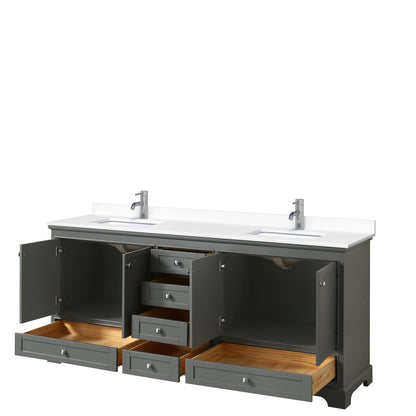 Wyndham Collection Deborah 80" Double Bathroom Vanity in Dark Gray, White Cultured Marble Countertop, Undermount Square Sinks, No Mirror