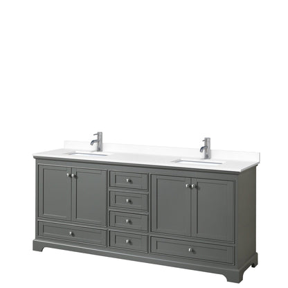 Wyndham Collection Deborah 80" Double Bathroom Vanity in Dark Gray, White Cultured Marble Countertop, Undermount Square Sinks, No Mirror