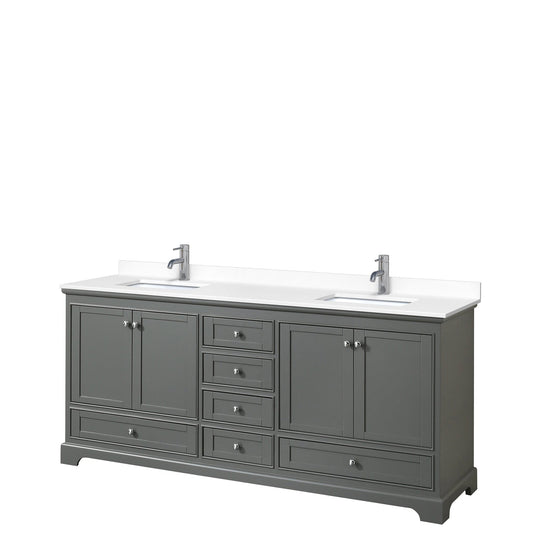 Wyndham Collection Deborah 80" Double Bathroom Vanity in Dark Gray, White Cultured Marble Countertop, Undermount Square Sinks, No Mirror