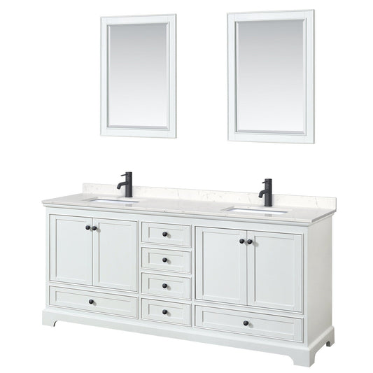 Wyndham Collection Deborah 80" Double Bathroom Vanity in White, Carrara Cultured Marble Countertop, Undermount Square Sinks, Matte Black Trim, 24" Mirrors