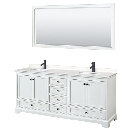 Wyndham Collection Deborah 80" Double Bathroom Vanity in White, Carrara Cultured Marble Countertop, Undermount Square Sinks, Matte Black Trim, 70" Mirror