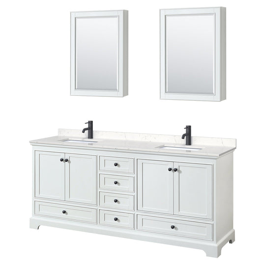 Wyndham Collection Deborah 80" Double Bathroom Vanity in White, Carrara Cultured Marble Countertop, Undermount Square Sinks, Matte Black Trim, Medicine Cabinets