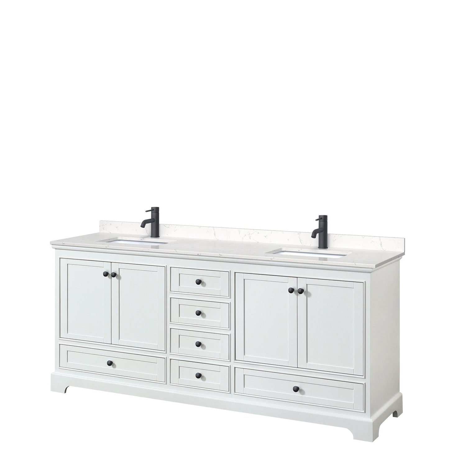 Wyndham Collection Deborah 80" Double Bathroom Vanity in White, Carrara Cultured Marble Countertop, Undermount Square Sinks, Matte Black Trim