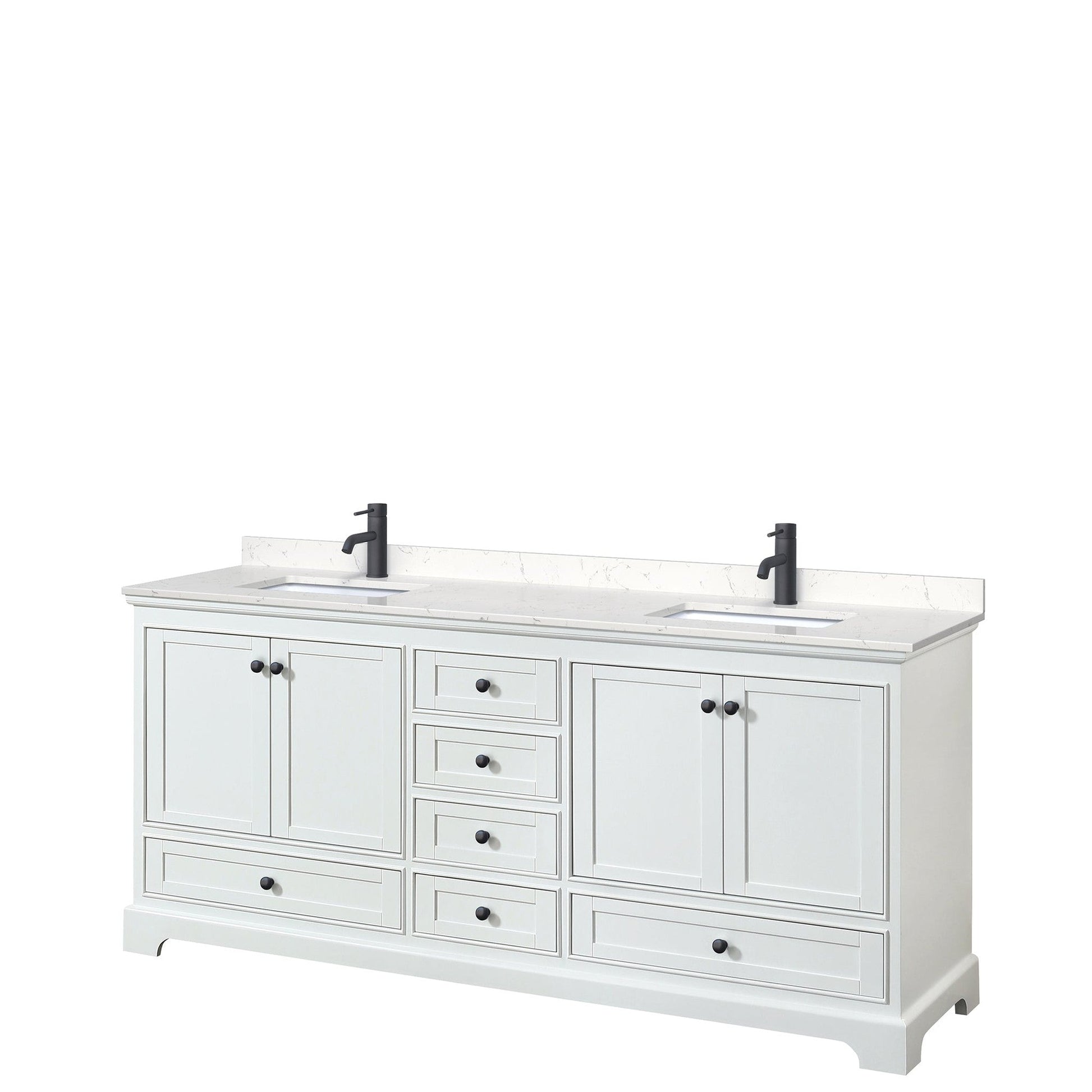 Wyndham Collection Deborah 80" Double Bathroom Vanity in White, Carrara Cultured Marble Countertop, Undermount Square Sinks, Matte Black Trim