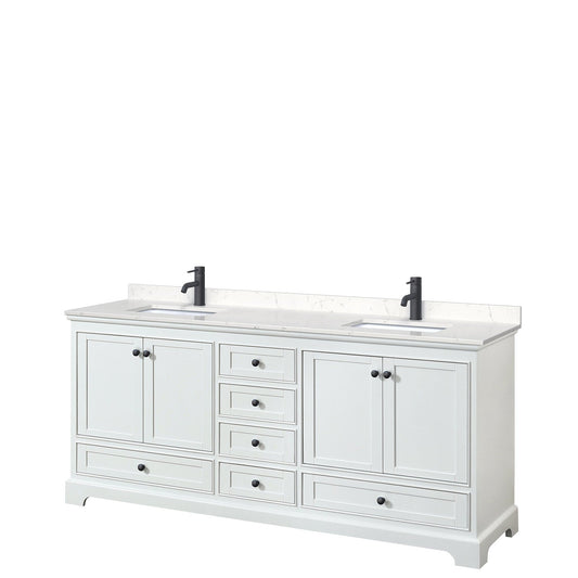 Wyndham Collection Deborah 80" Double Bathroom Vanity in White, Carrara Cultured Marble Countertop, Undermount Square Sinks, Matte Black Trim