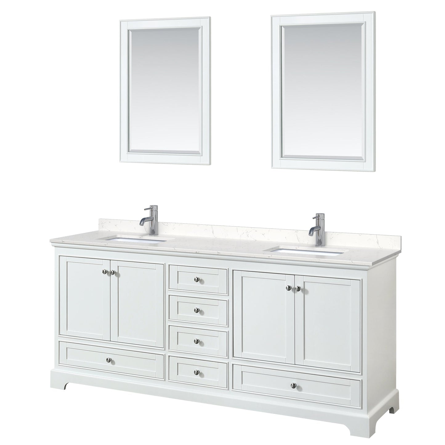 Wyndham Collection Deborah 80" Double Bathroom Vanity in White, Light-Vein Carrara Cultured Marble Countertop, Undermount Square Sinks, 24" Mirror