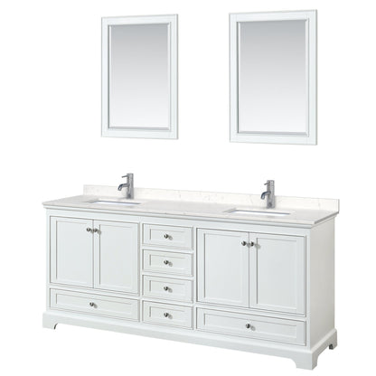 Wyndham Collection Deborah 80" Double Bathroom Vanity in White, Light-Vein Carrara Cultured Marble Countertop, Undermount Square Sinks, 24" Mirror