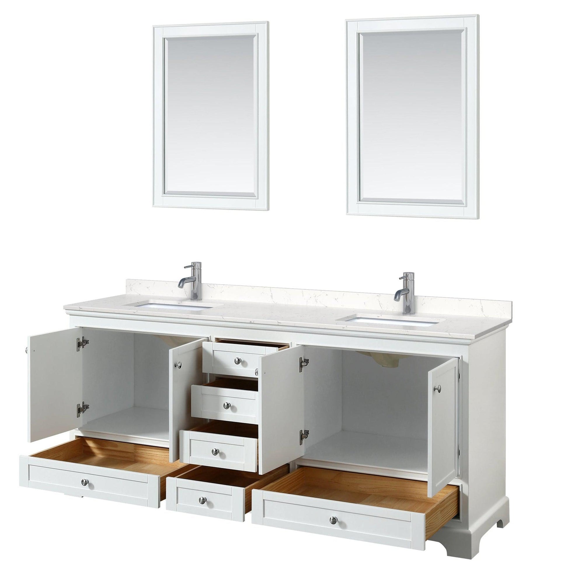 Wyndham Collection Deborah 80" Double Bathroom Vanity in White, Light-Vein Carrara Cultured Marble Countertop, Undermount Square Sinks, 24" Mirror