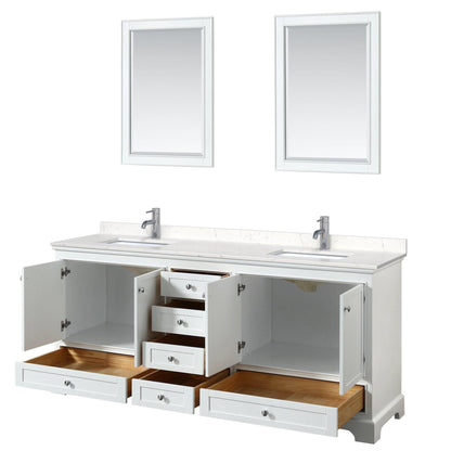 Wyndham Collection Deborah 80" Double Bathroom Vanity in White, Light-Vein Carrara Cultured Marble Countertop, Undermount Square Sinks, 24" Mirror