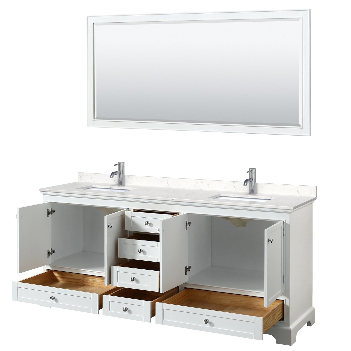 Wyndham Collection Deborah 80" Double Bathroom Vanity in White, Light-Vein Carrara Cultured Marble Countertop, Undermount Square Sinks, 70" Mirror