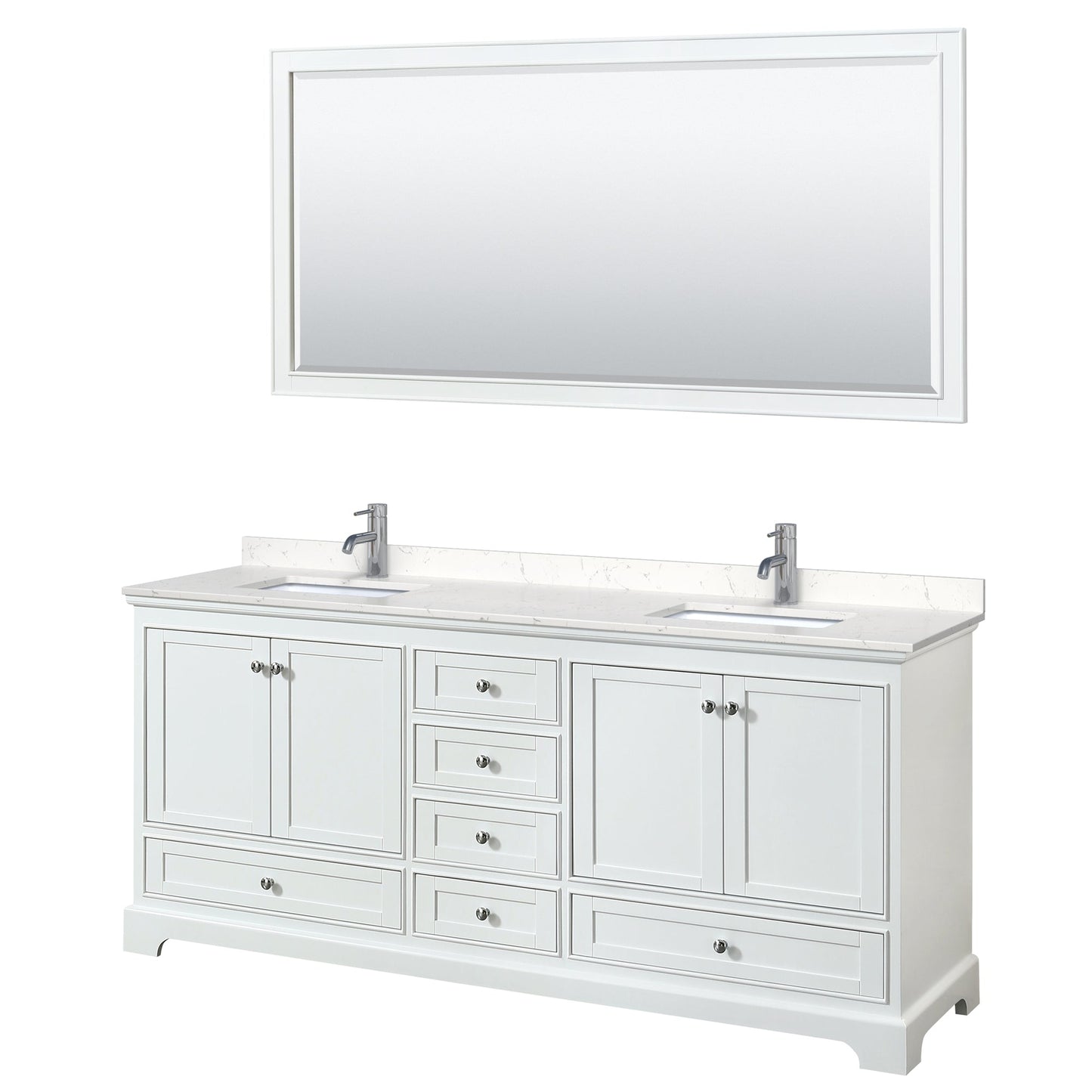 Wyndham Collection Deborah 80" Double Bathroom Vanity in White, Light-Vein Carrara Cultured Marble Countertop, Undermount Square Sinks, 70" Mirror