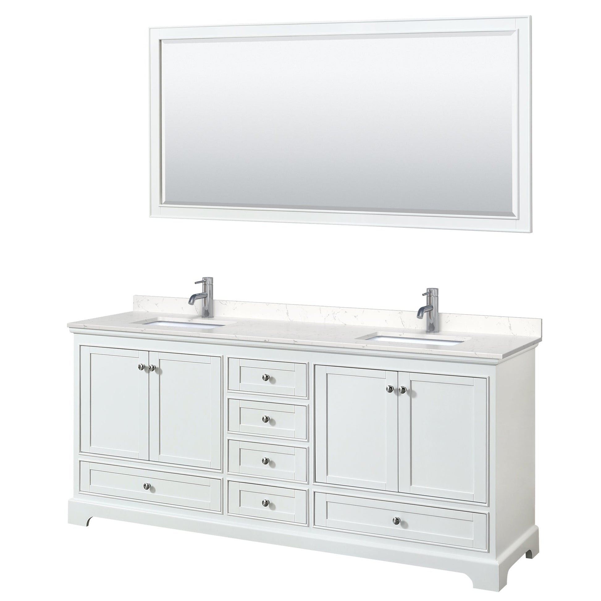 Wyndham Collection Deborah 80" Double Bathroom Vanity in White, Light-Vein Carrara Cultured Marble Countertop, Undermount Square Sinks, 70" Mirror