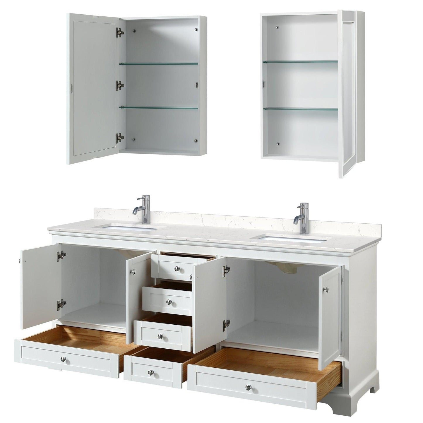 Wyndham Collection Deborah 80" Double Bathroom Vanity in White, Light-Vein Carrara Cultured Marble Countertop, Undermount Square Sinks, Medicine Cabinet