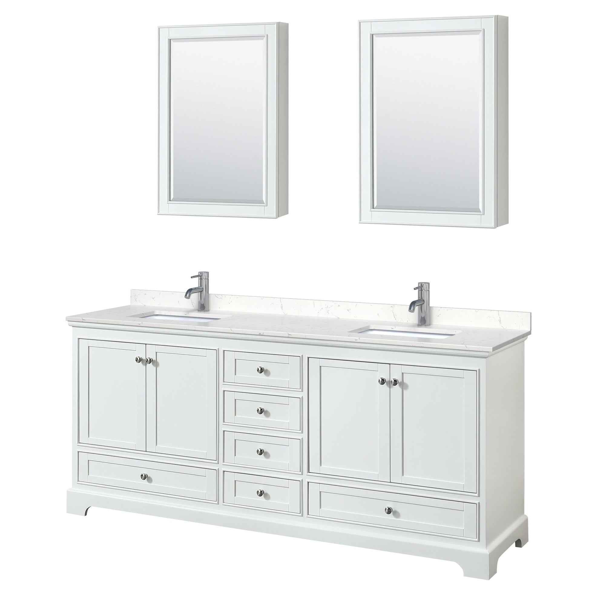 Wyndham Collection Deborah 80" Double Bathroom Vanity in White, Light-Vein Carrara Cultured Marble Countertop, Undermount Square Sinks, Medicine Cabinet