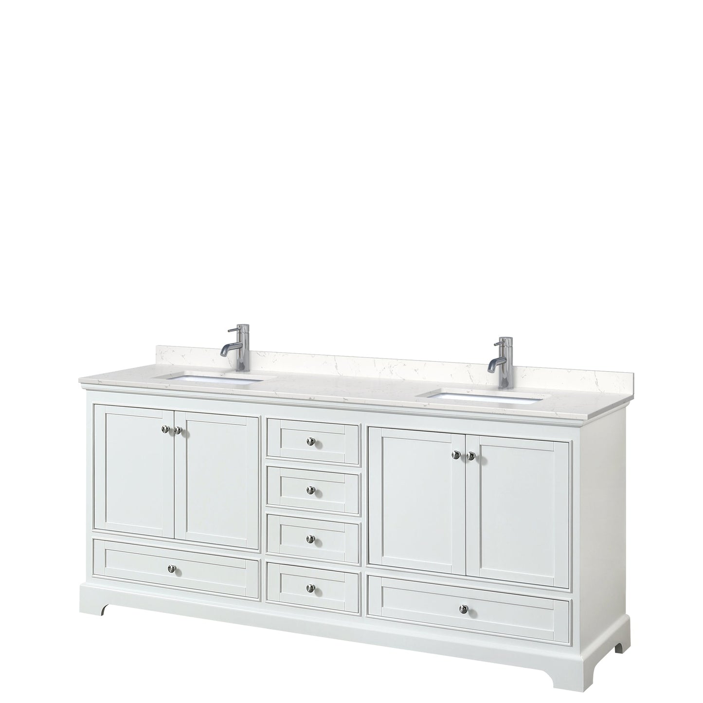 Wyndham Collection Deborah 80" Double Bathroom Vanity in White, Light-Vein Carrara Cultured Marble Countertop, Undermount Square Sinks, No Mirror