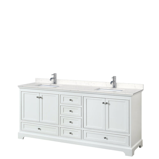 Wyndham Collection Deborah 80" Double Bathroom Vanity in White, Light-Vein Carrara Cultured Marble Countertop, Undermount Square Sinks, No Mirror