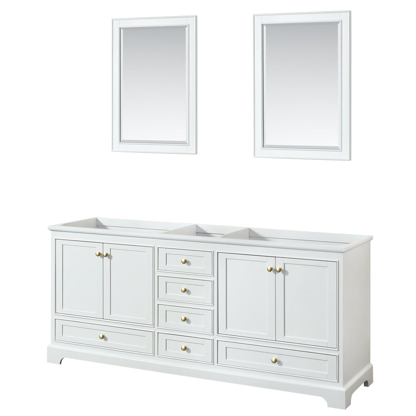 Wyndham Collection Deborah 80" Double Bathroom Vanity in White, No Countertop, No Sinks, Brushed Gold Trim, 24" Mirror
