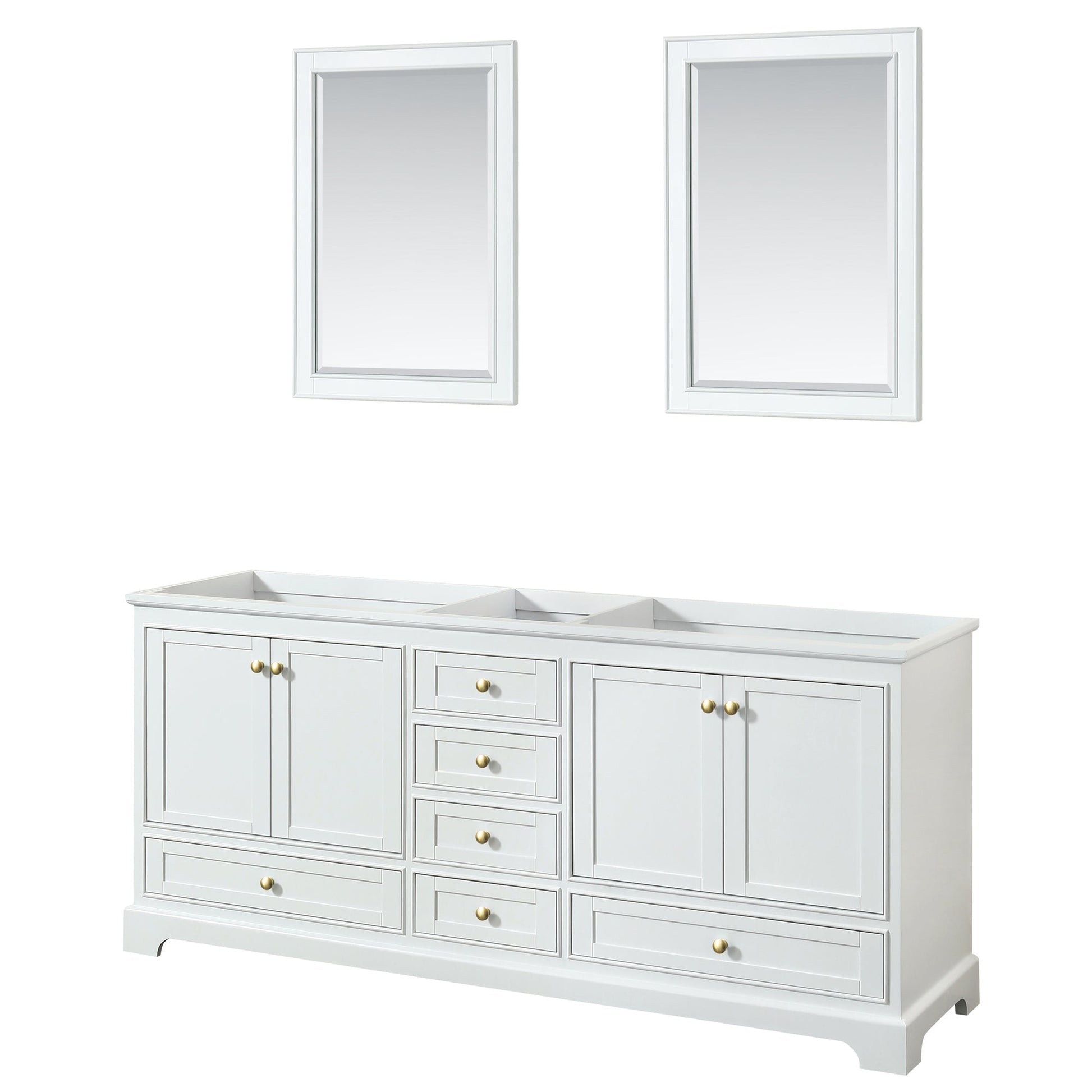 Wyndham Collection Deborah 80" Double Bathroom Vanity in White, No Countertop, No Sinks, Brushed Gold Trim, 24" Mirror