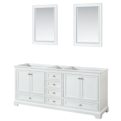Wyndham Collection Deborah 80" Double Bathroom Vanity in White, No Countertop, No Sinks, Brushed Gold Trim, 24" Mirror