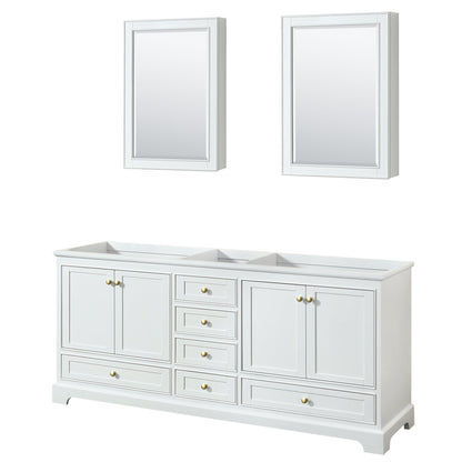Wyndham Collection Deborah 80" Double Bathroom Vanity in White, No Countertop, No Sinks, Brushed Gold Trim, Medicine Cabinet