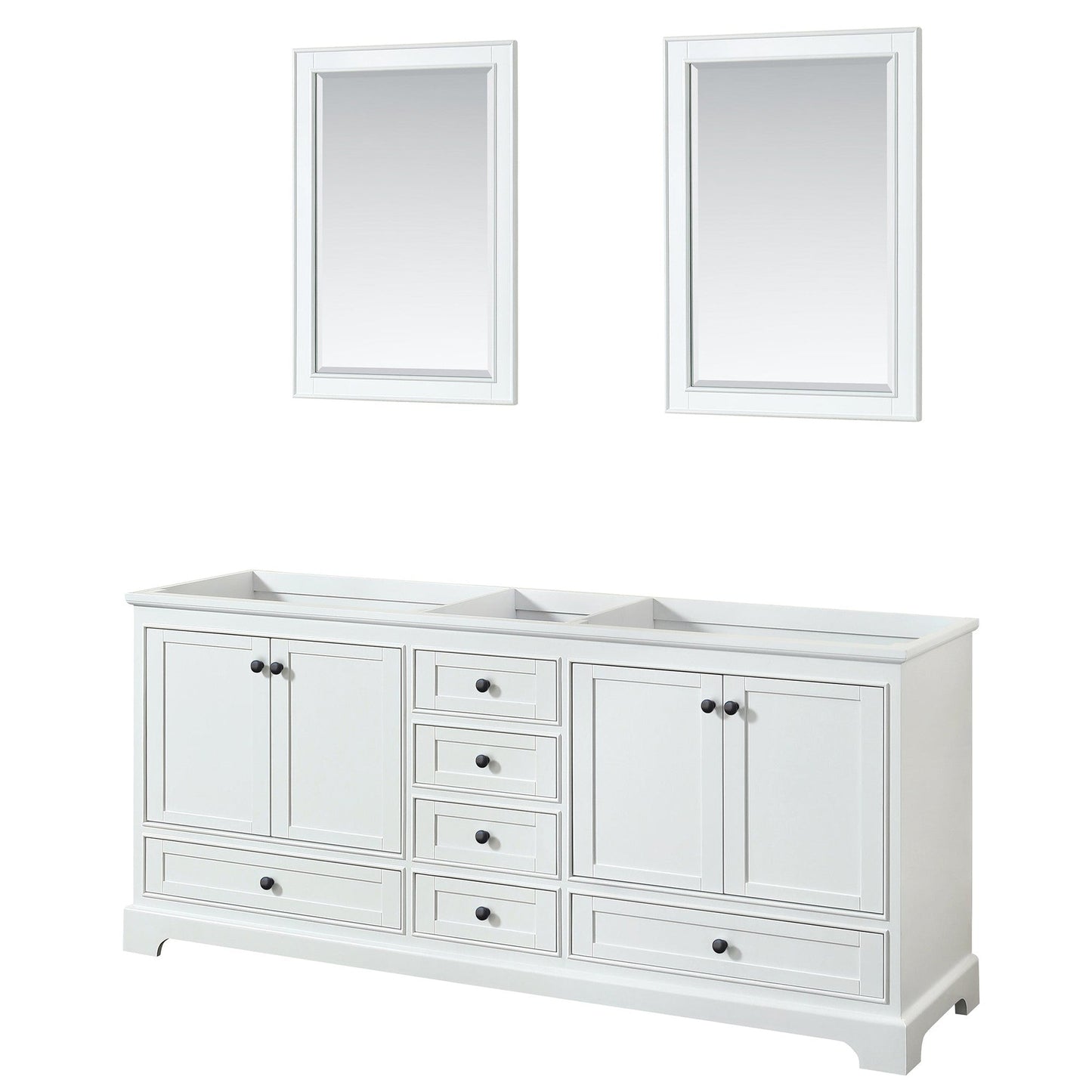 Wyndham Collection Deborah 80" Double Bathroom Vanity in White, No Countertop, No Sinks, Matte Black Trim, 24" Mirrors