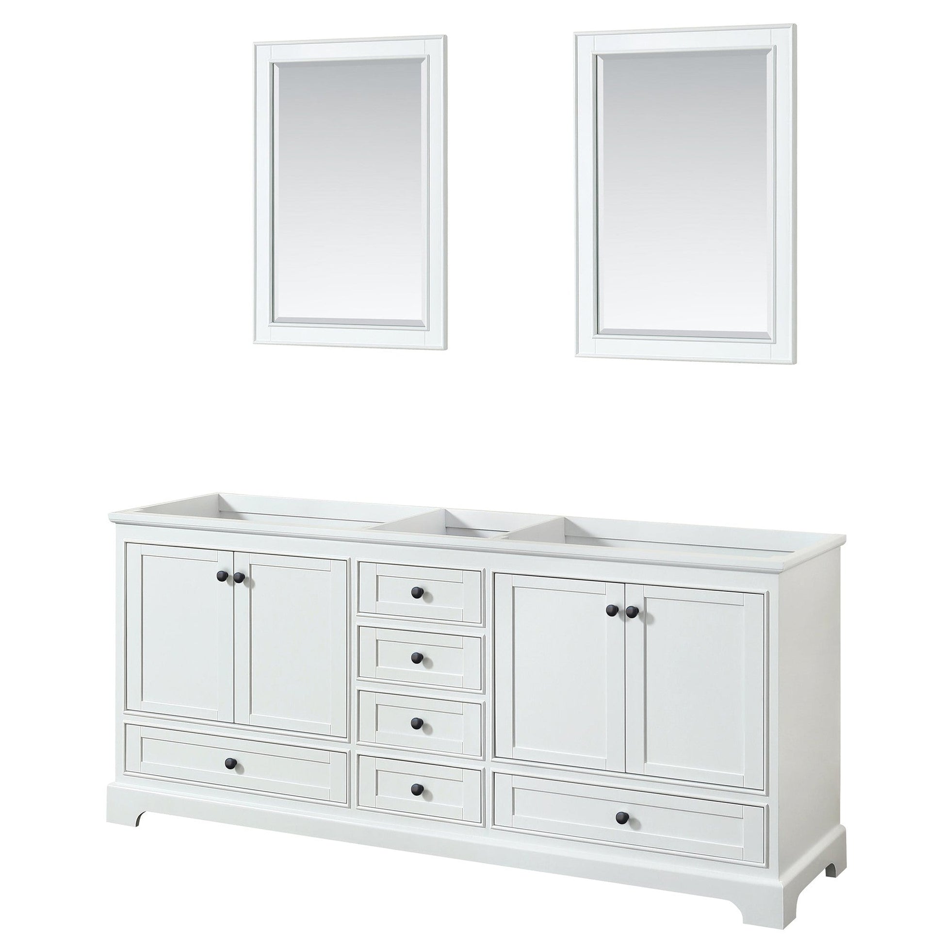Wyndham Collection Deborah 80" Double Bathroom Vanity in White, No Countertop, No Sinks, Matte Black Trim, 24" Mirrors