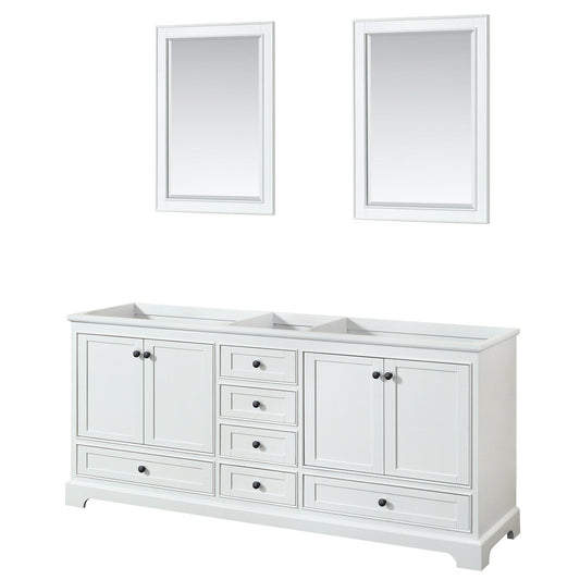 Wyndham Collection Deborah 80" Double Bathroom Vanity in White, No Countertop, No Sinks, Matte Black Trim, 24" Mirrors