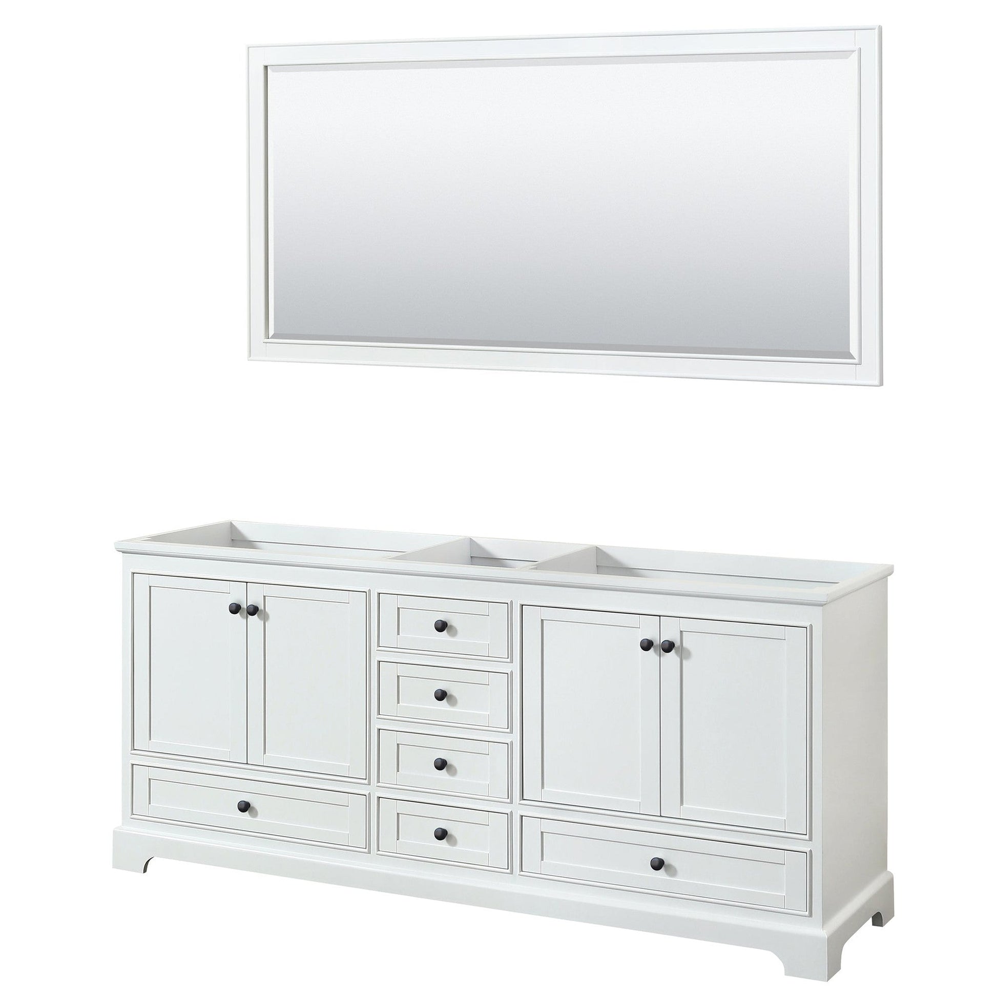 Wyndham Collection Deborah 80" Double Bathroom Vanity in White, No Countertop, No Sinks, Matte Black Trim, 70" Mirror