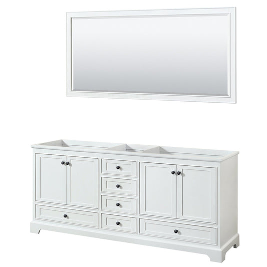 Wyndham Collection Deborah 80" Double Bathroom Vanity in White, No Countertop, No Sinks, Matte Black Trim, 70" Mirror