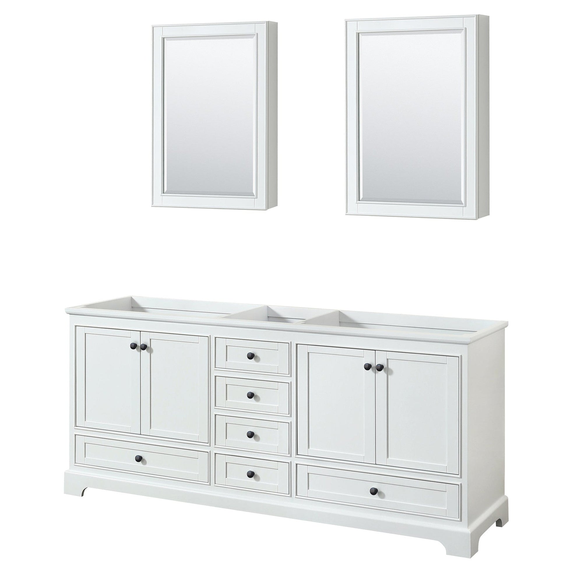 Wyndham Collection Deborah 80" Double Bathroom Vanity in White, No Countertop, No Sinks, Matte Black Trim, Medicine Cabinets