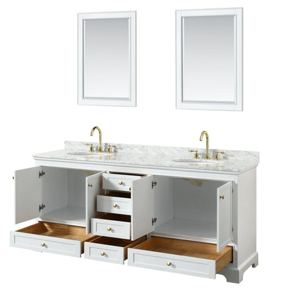 Wyndham Collection Deborah 80" Double Bathroom Vanity in White, White Carrara Marble Countertop, Undermount Oval Sinks, Brushed Gold Trim, 24" Mirror