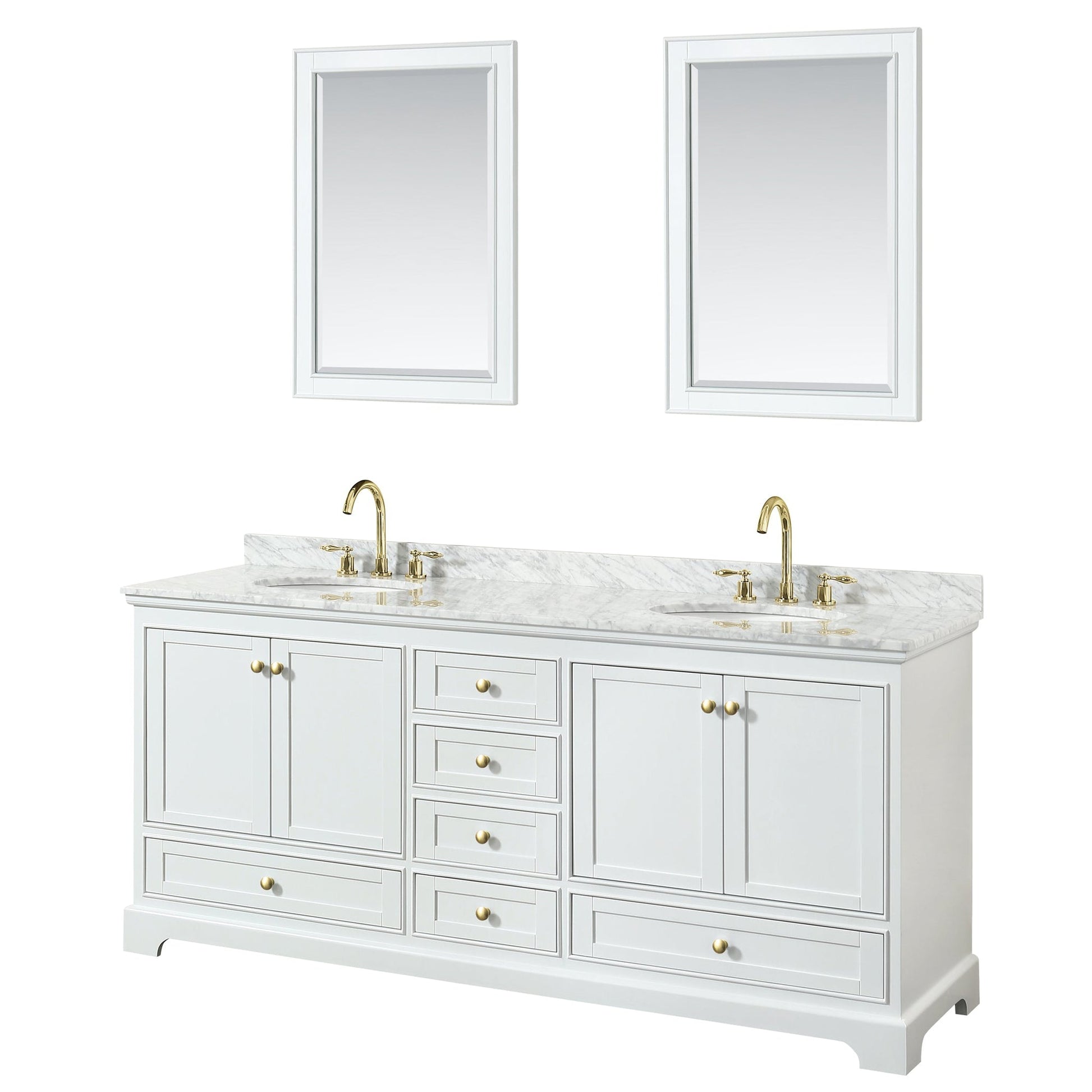 Wyndham Collection Deborah 80" Double Bathroom Vanity in White, White Carrara Marble Countertop, Undermount Oval Sinks, Brushed Gold Trim, 24" Mirror