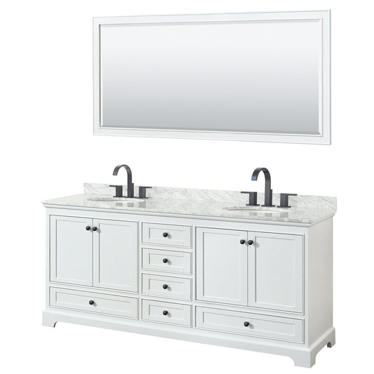 Wyndham Collection Deborah 80" Double Bathroom Vanity in White, White Carrara Marble Countertop, Undermount Oval Sinks, Matte Black Trim, 70" Mirror