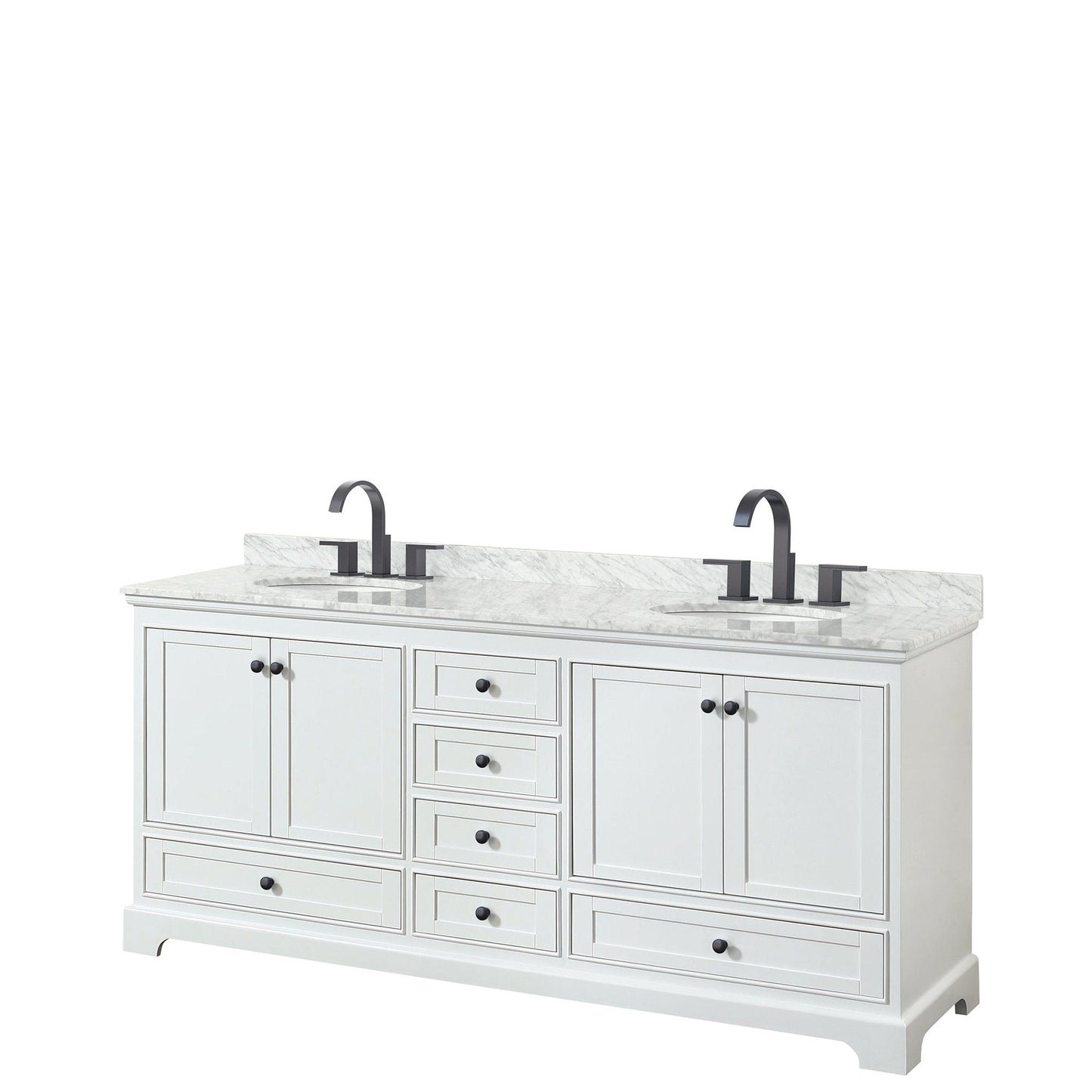 Wyndham Collection Deborah 80" Double Bathroom Vanity in White, White Carrara Marble Countertop, Undermount Oval Sinks, Matte Black Trim