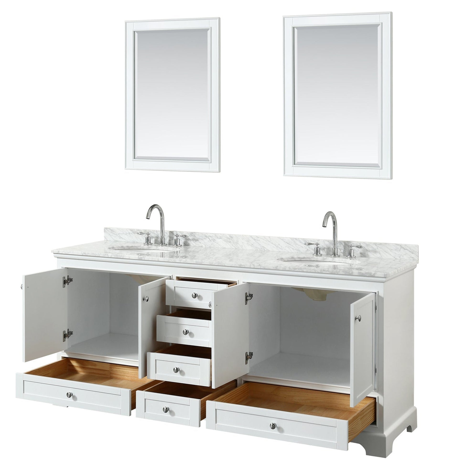 Wyndham Collection Deborah 80" Double Bathroom Vanity in White, White Carrara Marble Countertop, Undermount Oval Sinks, and 24" Mirror
