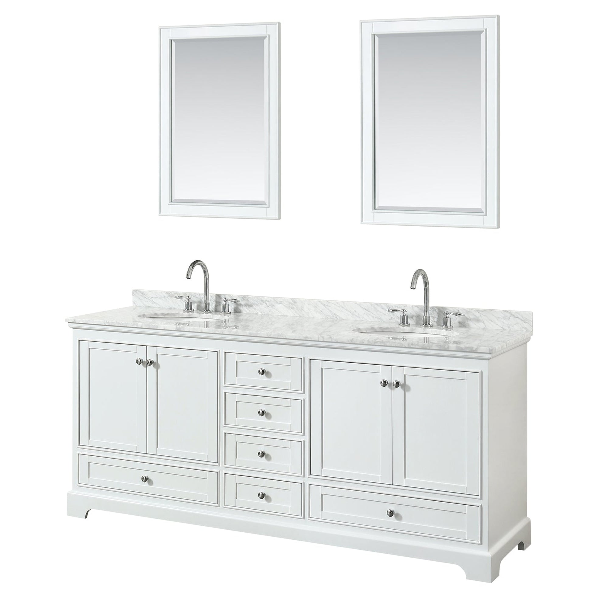 Wyndham Collection Deborah 80" Double Bathroom Vanity in White, White Carrara Marble Countertop, Undermount Oval Sinks, and 24" Mirror