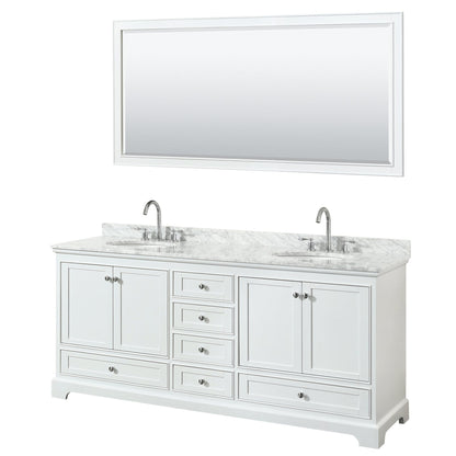 Wyndham Collection Deborah 80" Double Bathroom Vanity in White, White Carrara Marble Countertop, Undermount Oval Sinks, and 70" Mirror