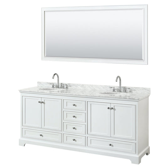 Wyndham Collection Deborah 80" Double Bathroom Vanity in White, White Carrara Marble Countertop, Undermount Oval Sinks, and 70" Mirror