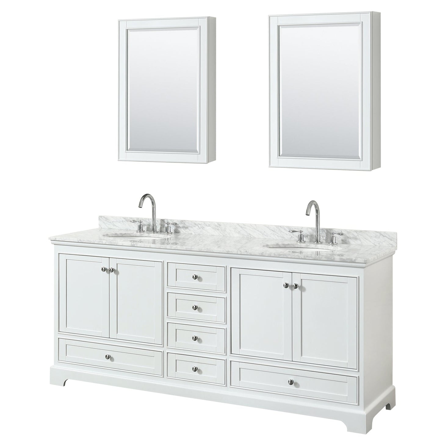 Wyndham Collection Deborah 80" Double Bathroom Vanity in White, White Carrara Marble Countertop, Undermount Oval Sinks, and Medicine Cabinet