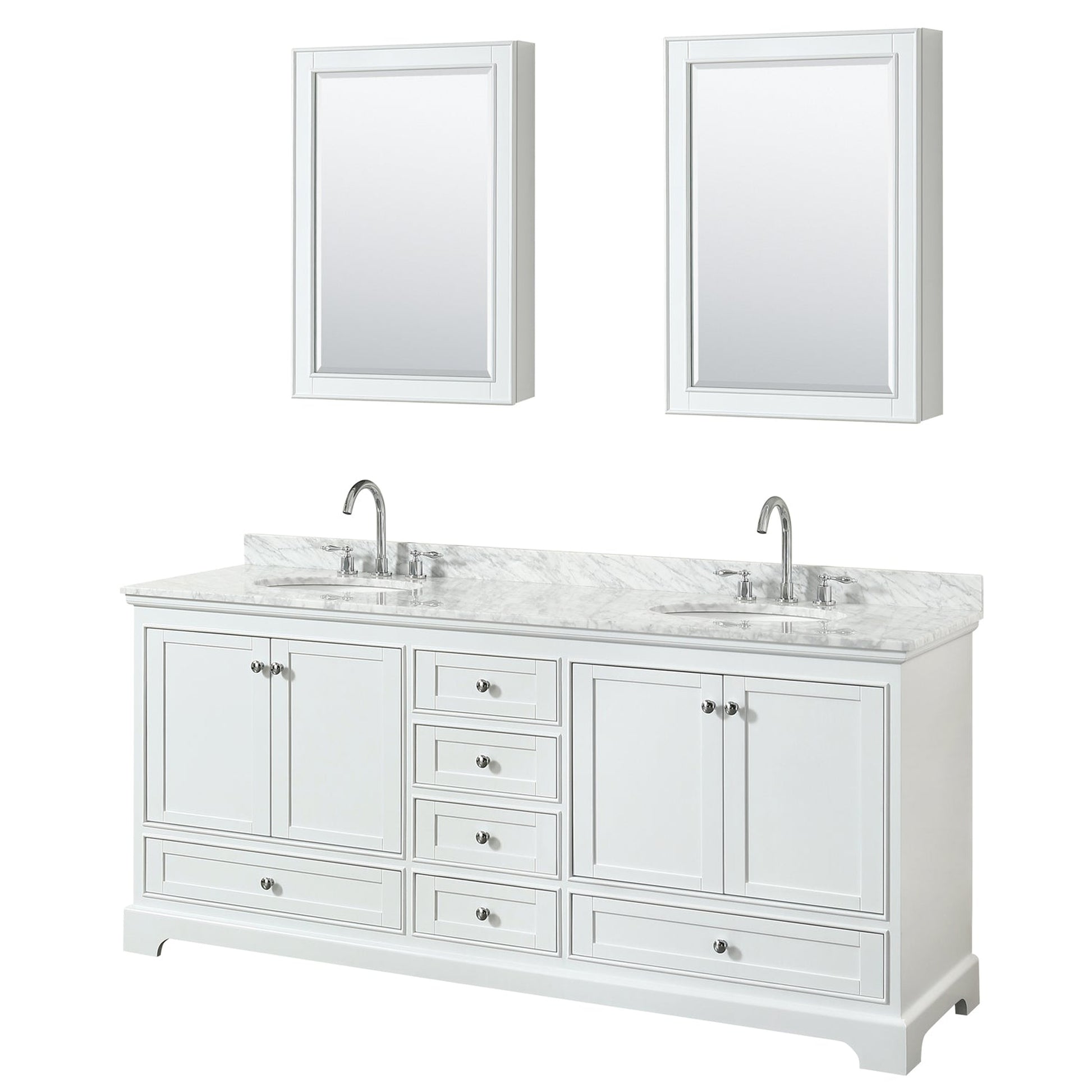 Wyndham Collection Deborah 80" Double Bathroom Vanity in White, White Carrara Marble Countertop, Undermount Oval Sinks, and Medicine Cabinet